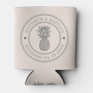 Sandcastle Pink Pineapple Wedding Crest & Names Can Cooler