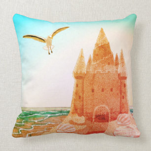 Sandcastle Seagull cotton throw pillow