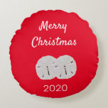 Sanddollar Pattern Red White Beach Merry Christmas Round Cushion<br><div class="desc">Printed with sanddollar patterns in colourful red background with text template for 'Merry Christmas'! You may change the background colour as you wish!</div>