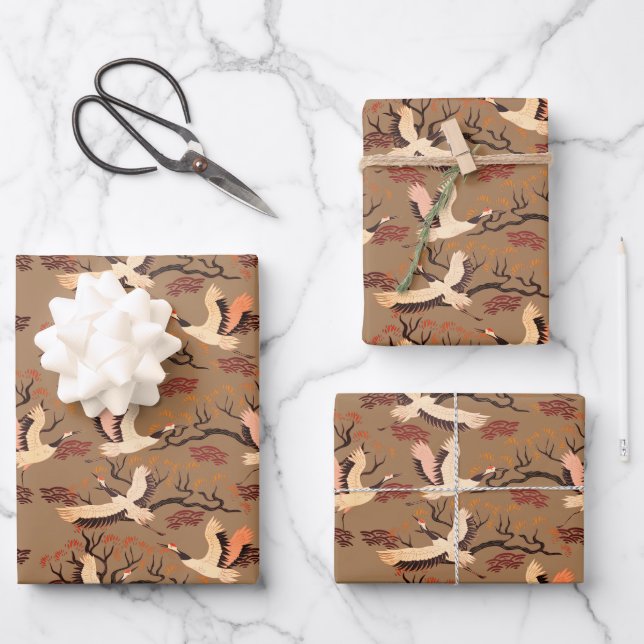 Sandhill Cranes Trees Pattern Brown Gift  Wrapping Paper Sheet (Front)