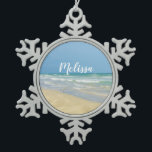 Sandpiper on the Seashore | Beautiful Beach Custom<br><div class="desc">Pretty beach ornament with gorgeous seaside photography featuring a pretty sandpiper standing at the edge of the ocean waves on a sunny summer day. Lovely blue green water waves roll onto the sandy shore where your name is personalised in cute teal typography. A beautiful custom Christmas gift for a daughter,...</div>