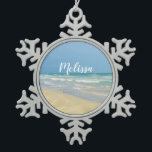 Sandpiper on the Seashore | Beautiful Beach Custom Snowflake Pewter Christmas Ornament<br><div class="desc">Pretty beach ornament with gorgeous seaside photography featuring a pretty sandpiper standing at the edge of the ocean waves on a sunny summer day. Lovely blue green water waves roll onto the sandy shore where your name is personalised in cute teal typography. A beautiful custom Christmas gift for a daughter,...</div>