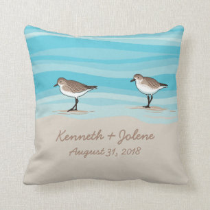 Sandpipers on Beach Wedding Date Names in Sand Cushion