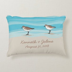 Sandpipers on Beach Wedding Date Names in Sand Decorative Cushion