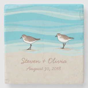 Sandpipers on Beach Wedding Date Names in Sand Stone Coaster