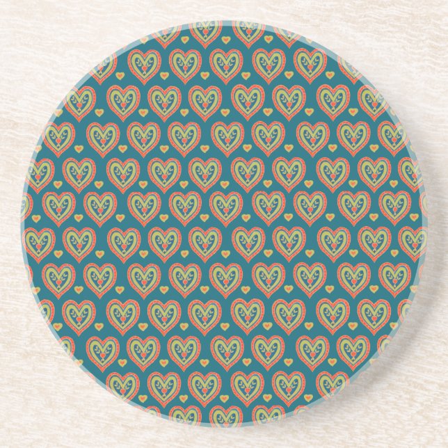 Sandstone Coaster, Red and Green Hearts, Dark Teal Coaster (Front)