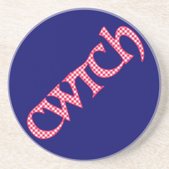 Sandstone Coaster, Welsh Cwtch, Check on Blue Coaster (Front)