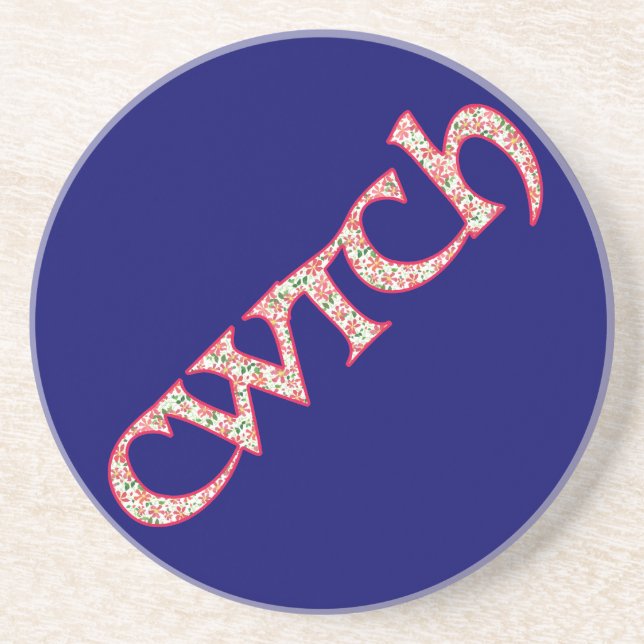 Sandstone Coaster, Welsh Cwtch, Floral on Blue Coaster (Front)