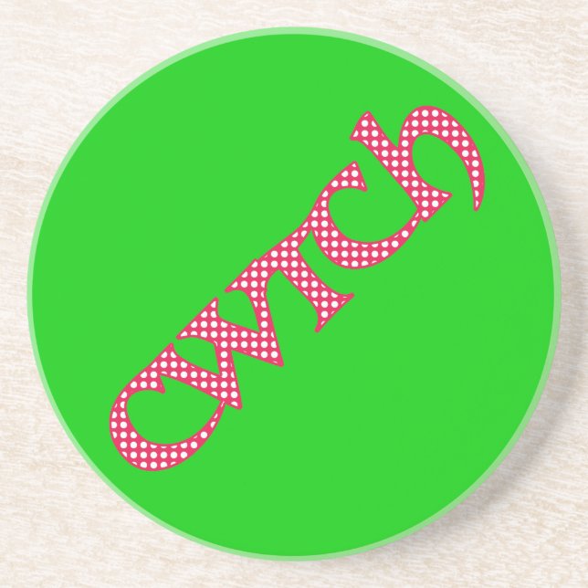 Sandstone Coaster, Welsh Cwtch, Polkas on Green Coaster (Front)