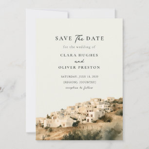 Sandstone Dusty Blue Greek Island Village Wedding Save The Date
