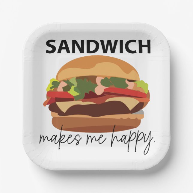 Sandwich Makes Me Happy Party Paper Plate (Front)