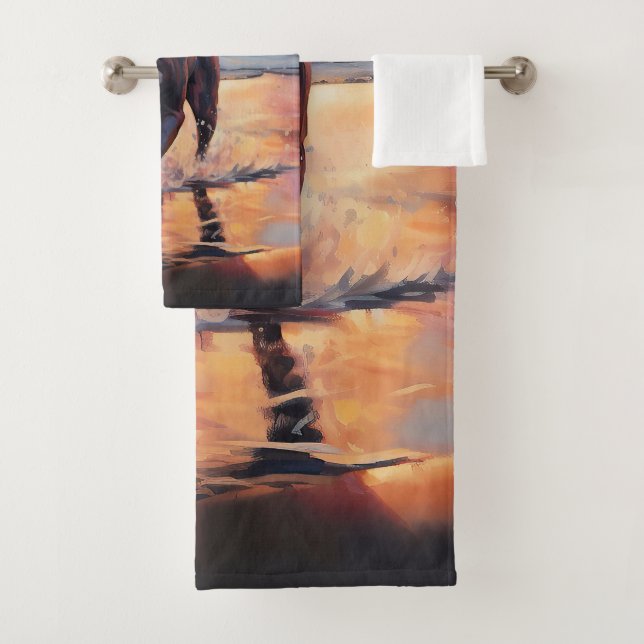 Sandy American Staffordshire Dog on Beach Sunset Bath Towel Set (Insitu)