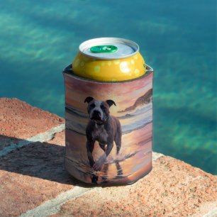 Sandy American Staffordshire Dog on Beach Sunset Can Cooler