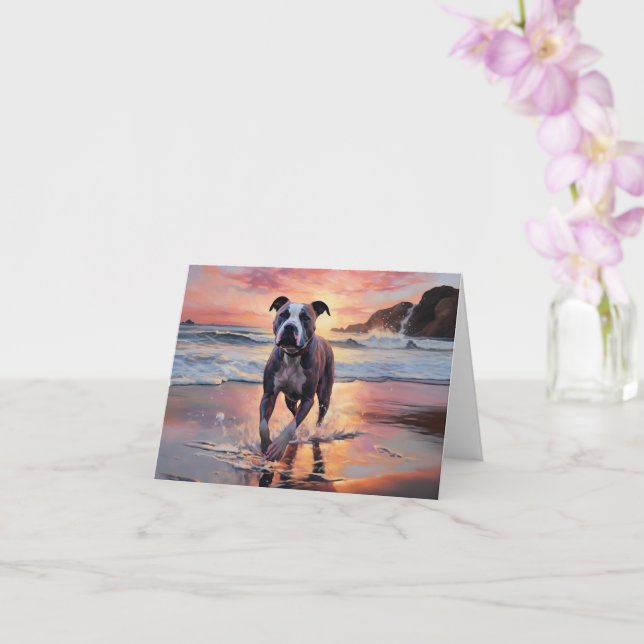 Sandy American Staffordshire Dog on Beach Sunset Card (Orchid)