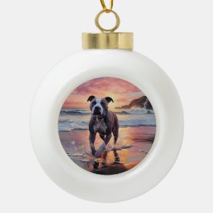 Sandy American Staffordshire Dog on Beach Sunset Ceramic Ball Christmas Ornament
