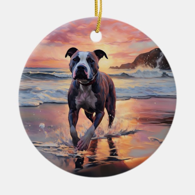 Sandy American Staffordshire Dog on Beach Sunset Ceramic Tree Decoration (Front)