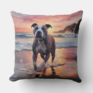 Sandy American Staffordshire Dog on Beach Sunset Cushion