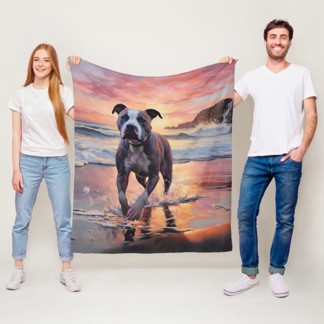 Sandy American Staffordshire Dog on Beach Sunset Fleece Blanket (In Situ)