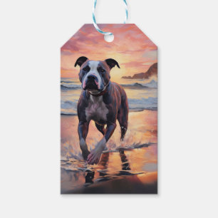 Sandy American Staffordshire Dog on Beach Sunset Gift Tags