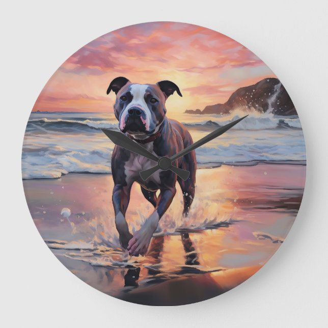 Sandy American Staffordshire Dog on Beach Sunset Large Clock (Front)