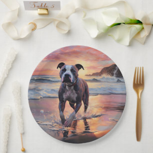 Sandy American Staffordshire Dog on Beach Sunset Paper Plate