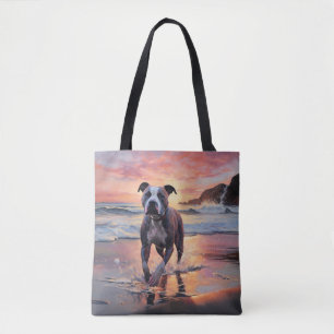 Sandy American Staffordshire Dog on Beach Sunset Tote Bag