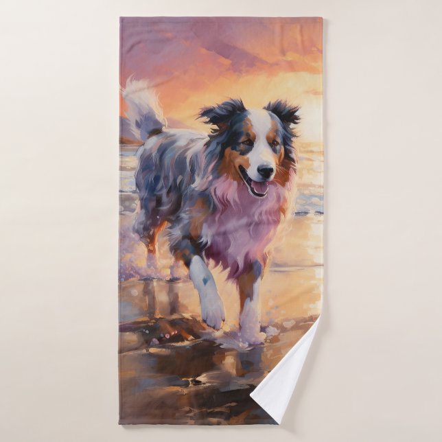 Sandy Australian Shepherd Dog on Beach Sunset  Bath Towel Set (Bath Towel)
