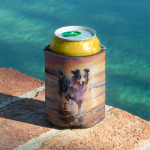 Sandy Australian Shepherd Dog on Beach Sunset Can Cooler