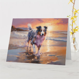 Sandy Australian Shepherd Dog on Beach Sunset Card