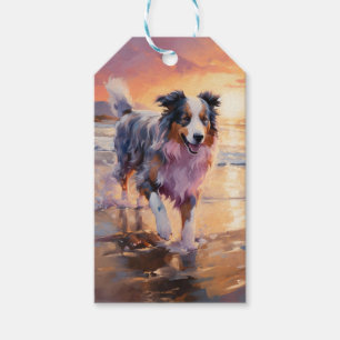 Sandy Australian Shepherd Dog on Beach Sunset Gift Tags