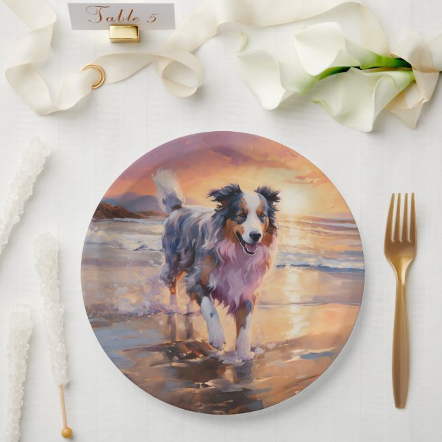 Sandy Australian Shepherd Dog on Beach Sunset  Paper Plate (Wedding)