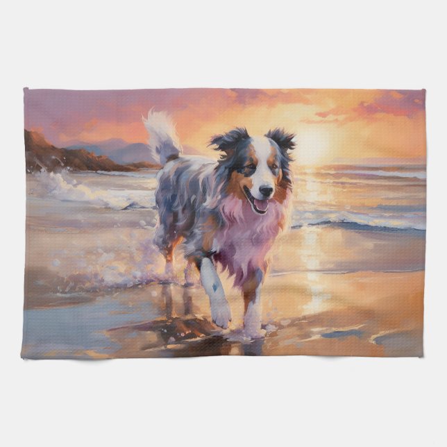 Sandy Australian Shepherd Dog on Beach Sunset  Tea Towel (Horizontal)