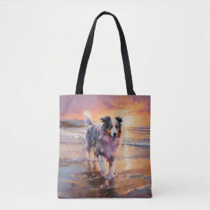 Sandy Australian Shepherd Dog on Beach Sunset Tote Bag