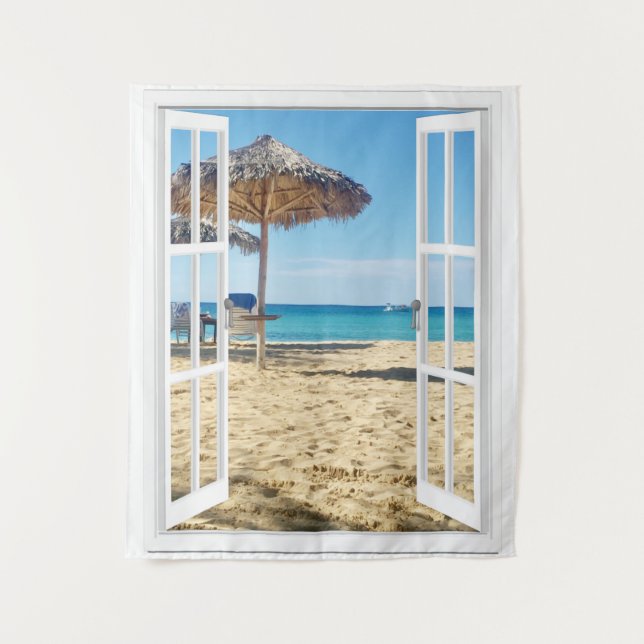 Sandy Beach And Ocean Window View Tapestry (Front)