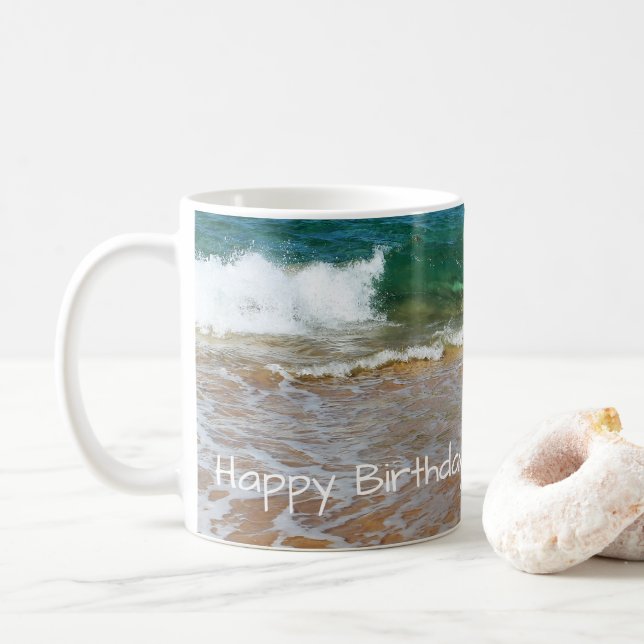 Sandy Beach and Waves Happy Birthday Mug (With Donut)