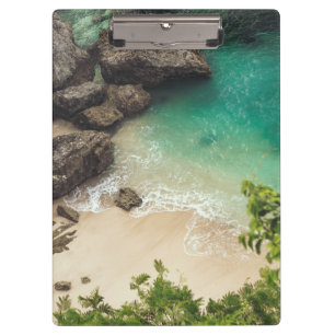 Sandy Beach Cove with Green Trees, Rocks & Ocean Clipboard