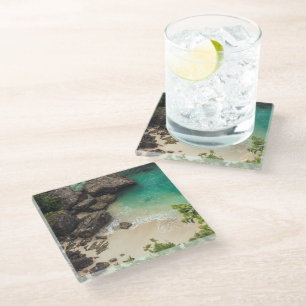 Sandy Beach Cove with Green Trees, Rocks & Ocean Glass Coaster