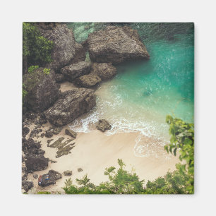 Sandy Beach Cove with Green Trees, Rocks & Ocean Magnet