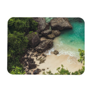 Sandy Beach Cove with Green Trees, Rocks & Ocean Magnet