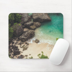 Sandy Beach Cove with Green Trees, Rocks & Ocean Mouse Pad