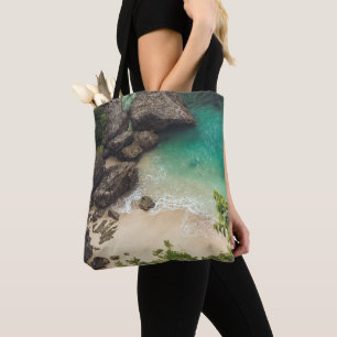 Sandy Beach Cove with Green Trees, Rocks & Ocean Tote Bag