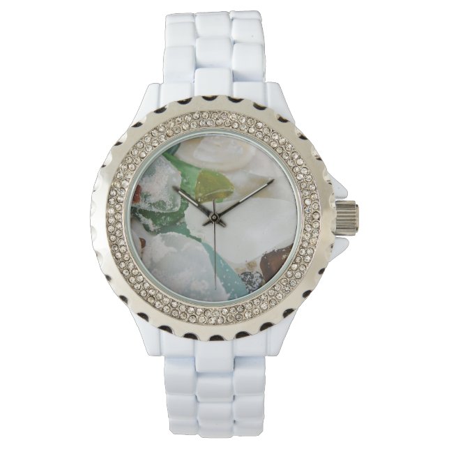 Sandy Beach Glass Custom Rhinestone White Enamel Watch (Front)