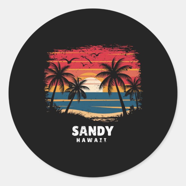 Sandy Beach Hawaii Surfboarder Palm Tree Souvenir  Classic Round Sticker (Front)