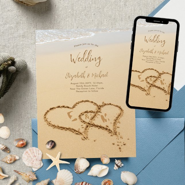Sandy Beach Initials in the Sand Photo Wedding Invitation (Creator Uploaded)