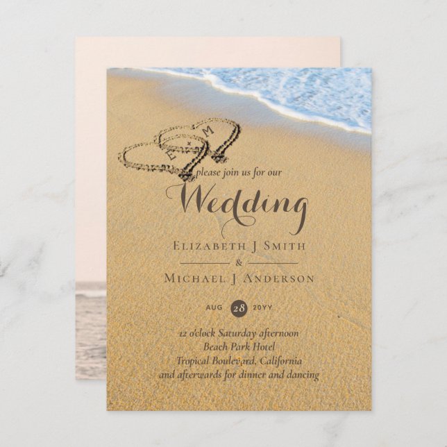Sandy Beach Names in Sand Hearts Ocean Wedding  Invitation (Front/Back)