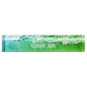 Sandy Beach Ocean Green Abstract Custom Name Cute Nameplate