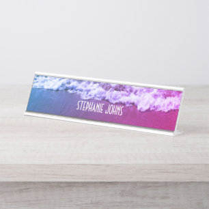 Sandy Beach Ocean Pink Abstract Custom Name Classy Desk Name Plate