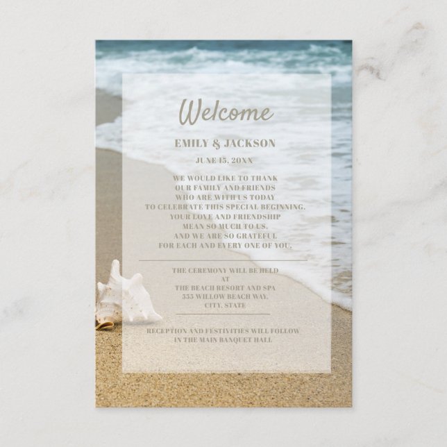 Sandy Beach Ocean Seashell Wedding Welcome Enclosure Card (Front)