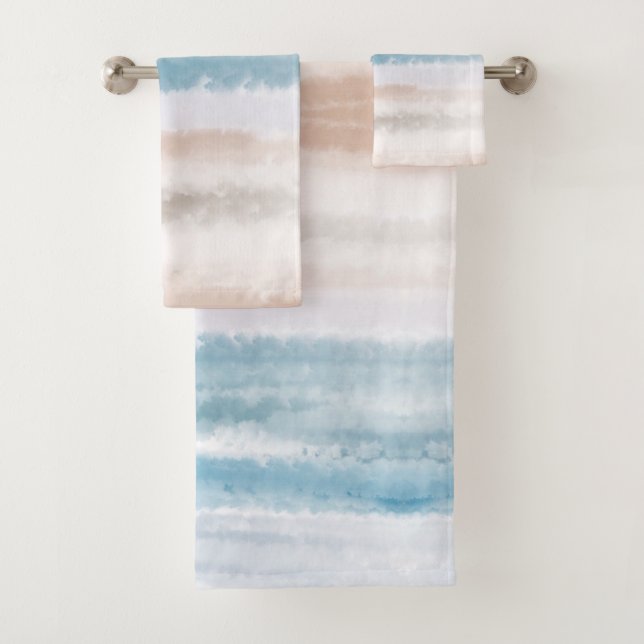 Sandy Beach Ocean Waves Abstract Watercolor Bath Towel Set (Insitu)