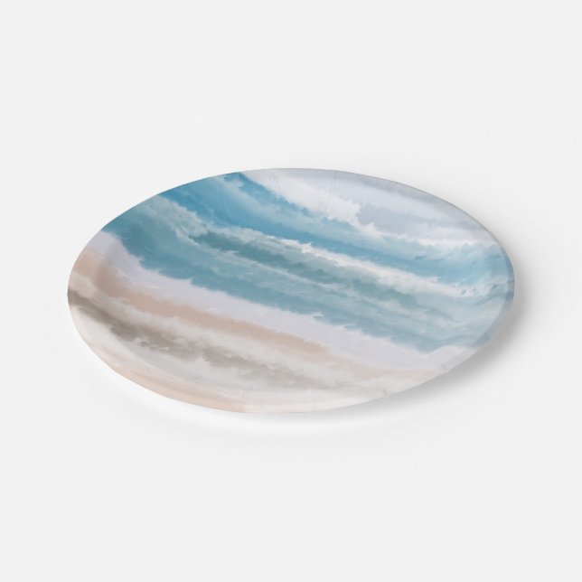 Sandy Beach Ocean Waves Abstract Watercolor Paper Plate (Angled)